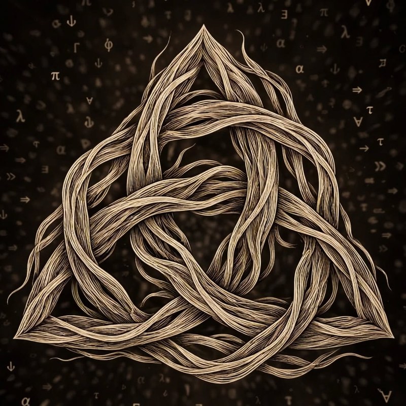 Woven triangular knot surrounded by logic symbols