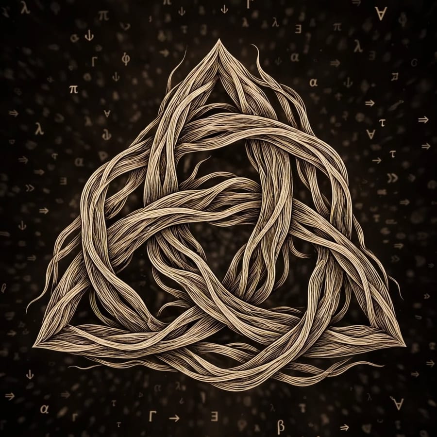 Woven triquetra surrounded by lambda calculus symbols